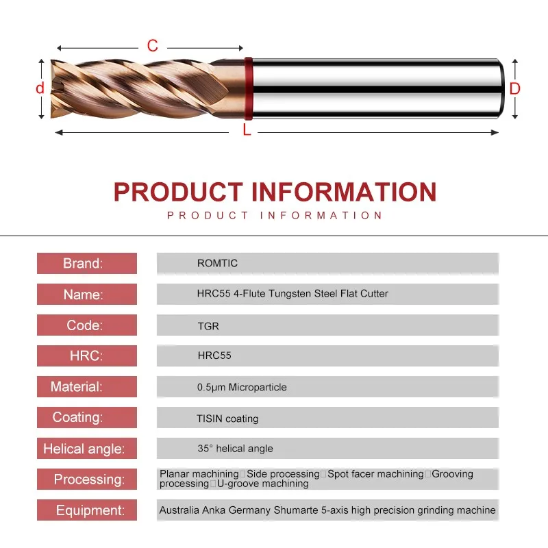 ROMTIC TGR-HRC55 Tungsten Steel Carbide 4-Flute Nano Coating Flat End Mill Tools For CNC Mechanical Center Milling Cutter