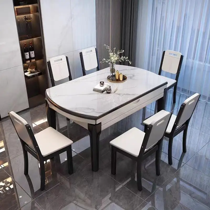 Light luxury marble slate dining table and chairs, simple foldable retractable home round rice table combination