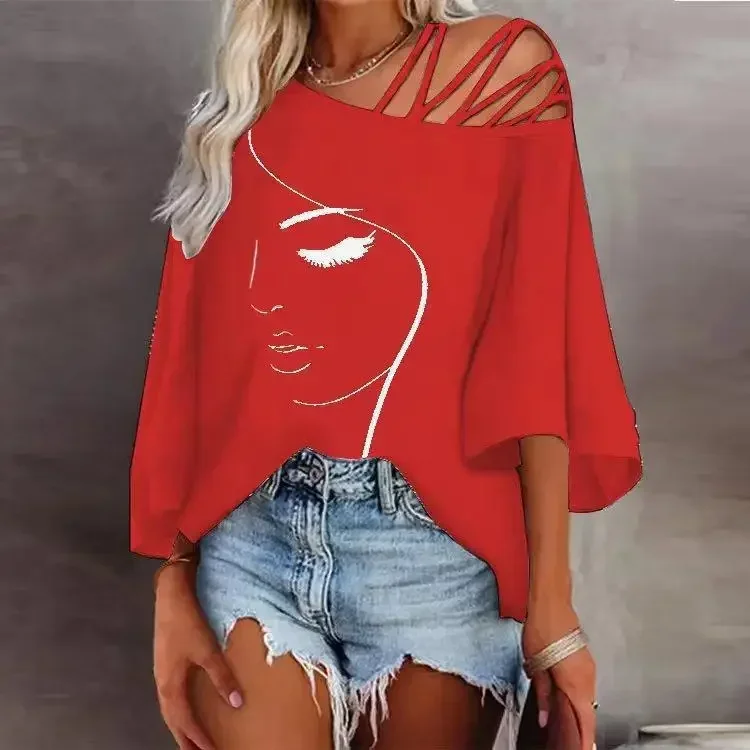 Women\'s Fashion Splicing Loose Slant Neck Face Printed T-shirt Casual Top 2024 Summer