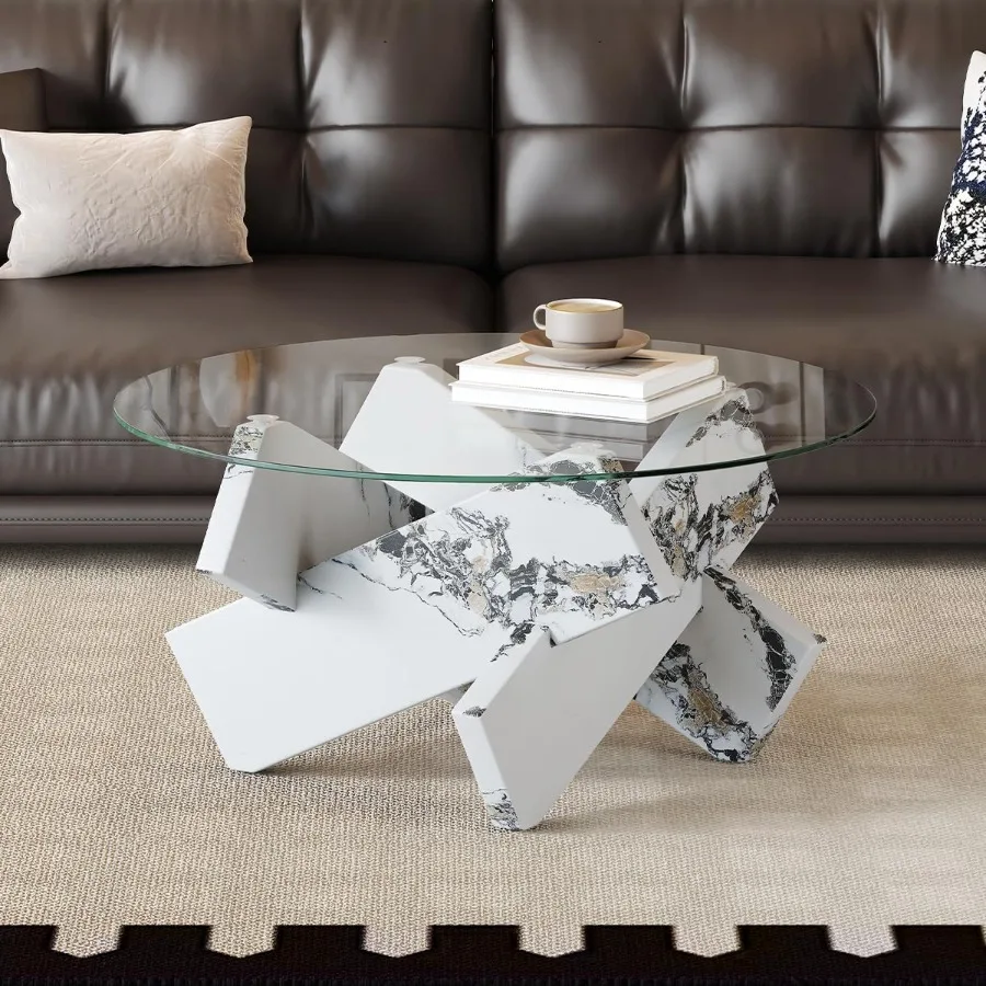 White Round Glass Coffee Table33Inch Small Modern for Living Room Clear Circle Accent Table Adapts to Farmhouse and Contemporar