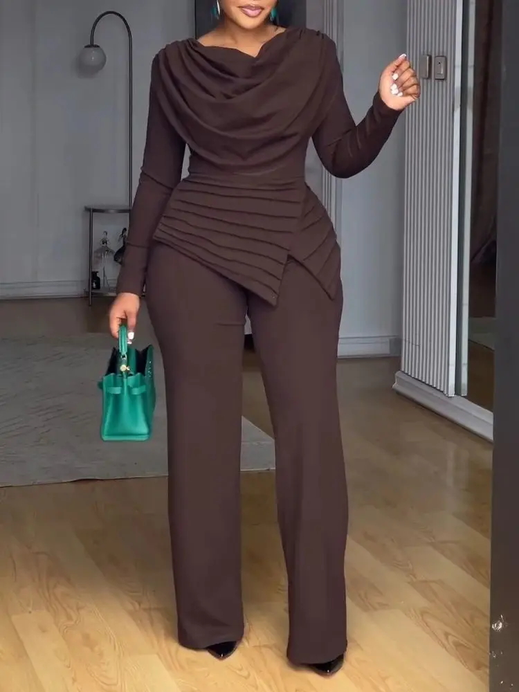 Asymmetrical Cowl Neck Textured Patchwork Jumpsuit with Cinched Waist Wide Leg Casual Zipper Back Design One Pieces Women Romper