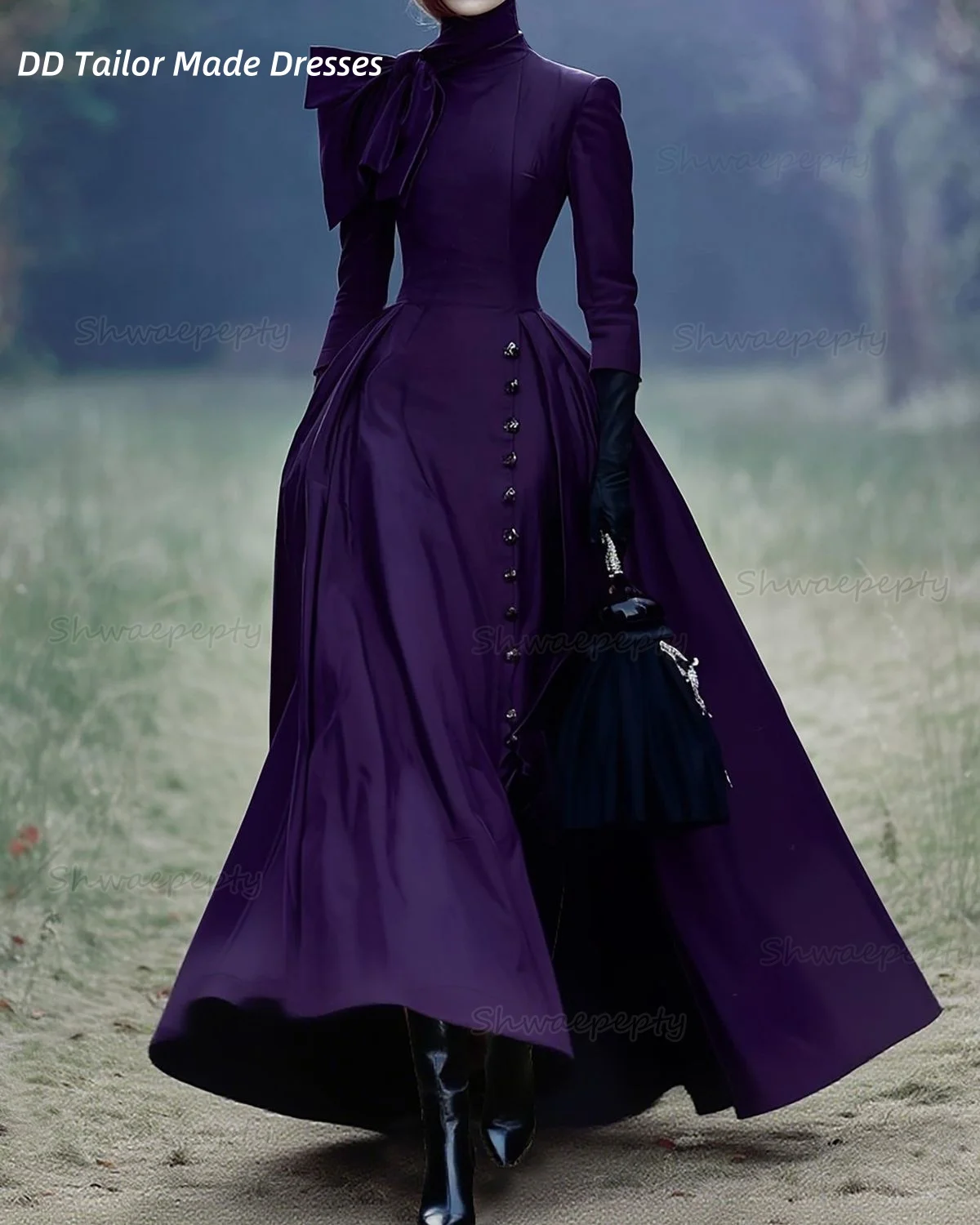 

Элегантное длинное фиолетовое платье для выпускного вечера с высоким воротником и боковым разрезом, атласные вечерние платья трапециевидной формы с дизайном пуговиц, 2025 г., индивидуальная праздничная одежда