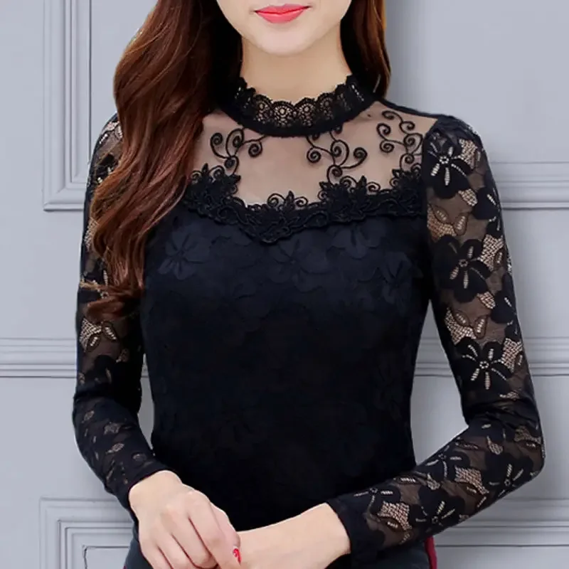 Woman Tshirts Lace Women's Long Sleeve   Women's Top Clothing Hollow Mesh Tops Mujer Camisetas