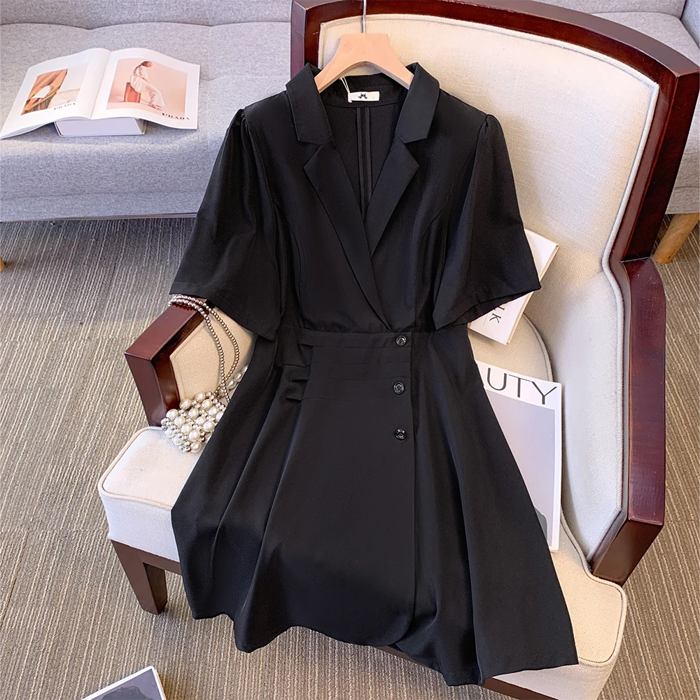 

Summer new plus size women's suit collar black short-sleeved dress V-neck loose commuter style career dress and knee skirt