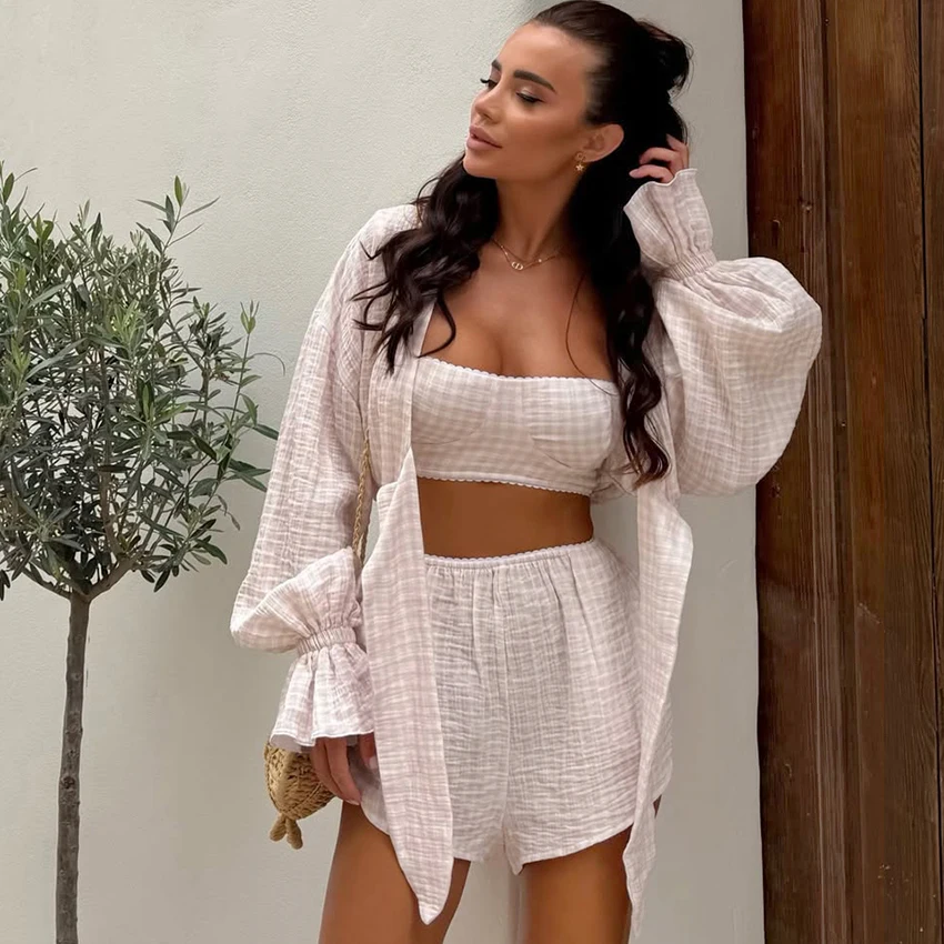 White Fashion Printed Woven Pajamas 3-Piece Suit Lace-Up Long-Sleeved Coat Elastic Waist Shorts Sleeveless Camisole Top