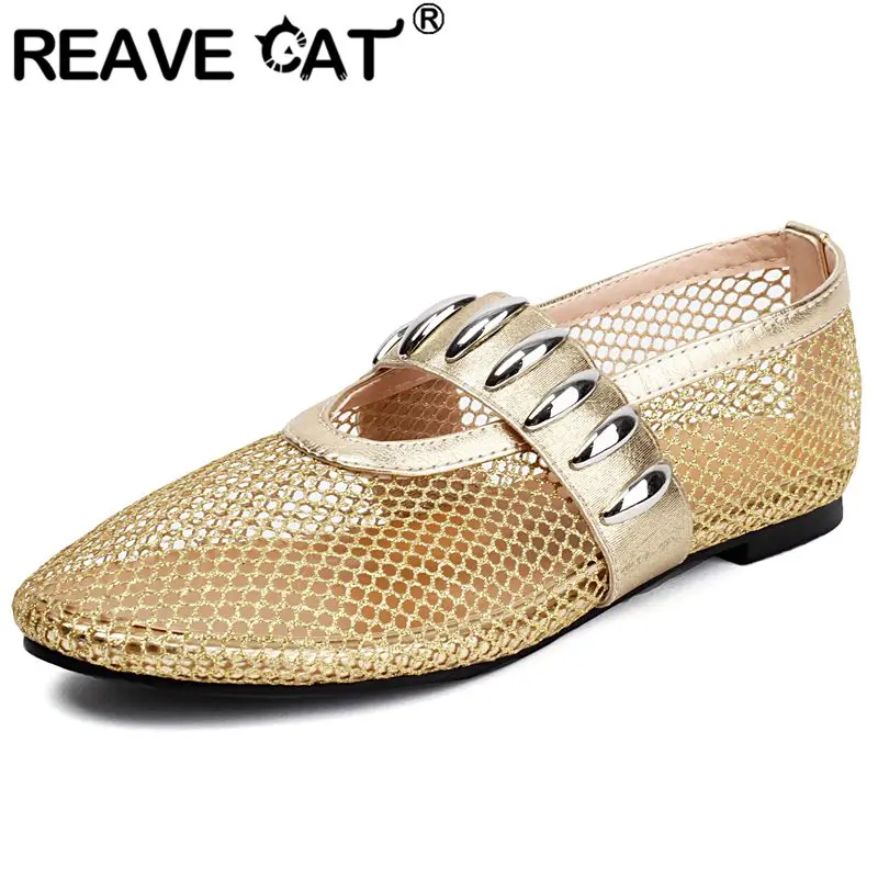 

REAVE CAT Brand Fashion Women Flats Round Toe Slip On Breathable Mesh Metal Decoration Large Size 47 48 Soft Daily Female Shoes