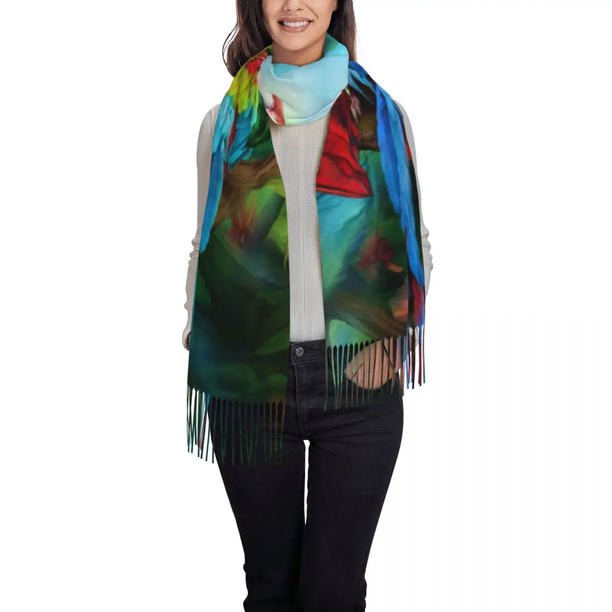 Custom Tropic Spirits Macaw Parrot Couple Bird Scarf Wrap Women Long Winter Warm Tassel Shawl Unisex Tropical Plant Scarves