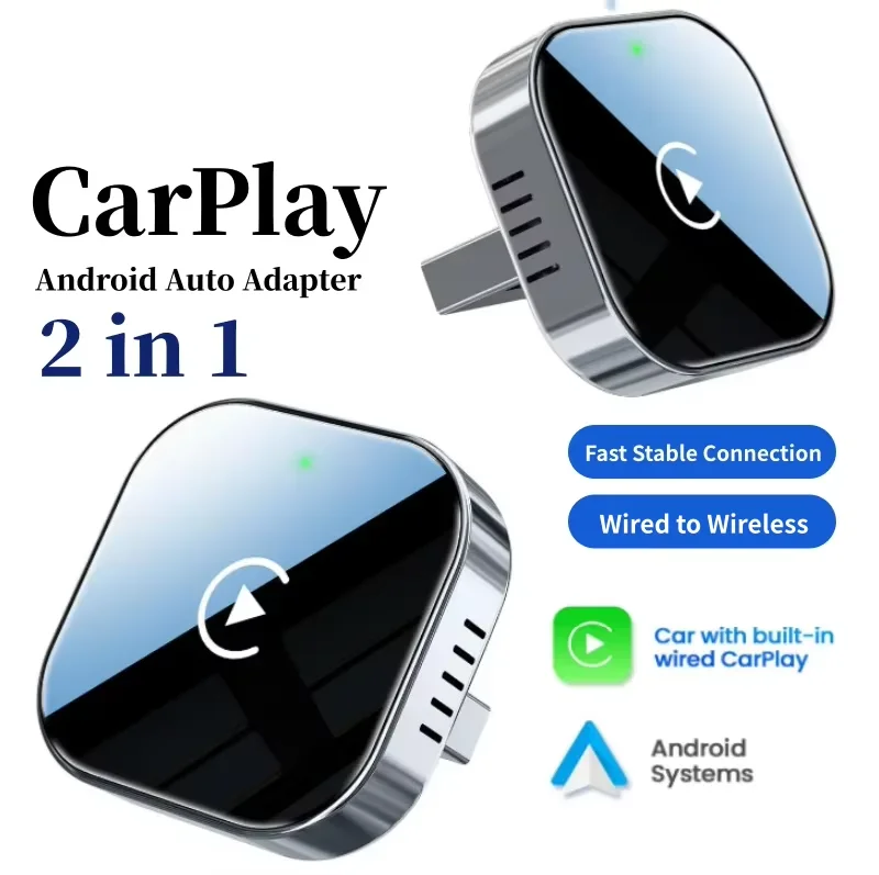 Adaptateur CarPlay sans fil Android Auto AI Box 2 en 1, Plug and Play pour voiture, conversion filaire en sans fil, faible latence, taille compacte