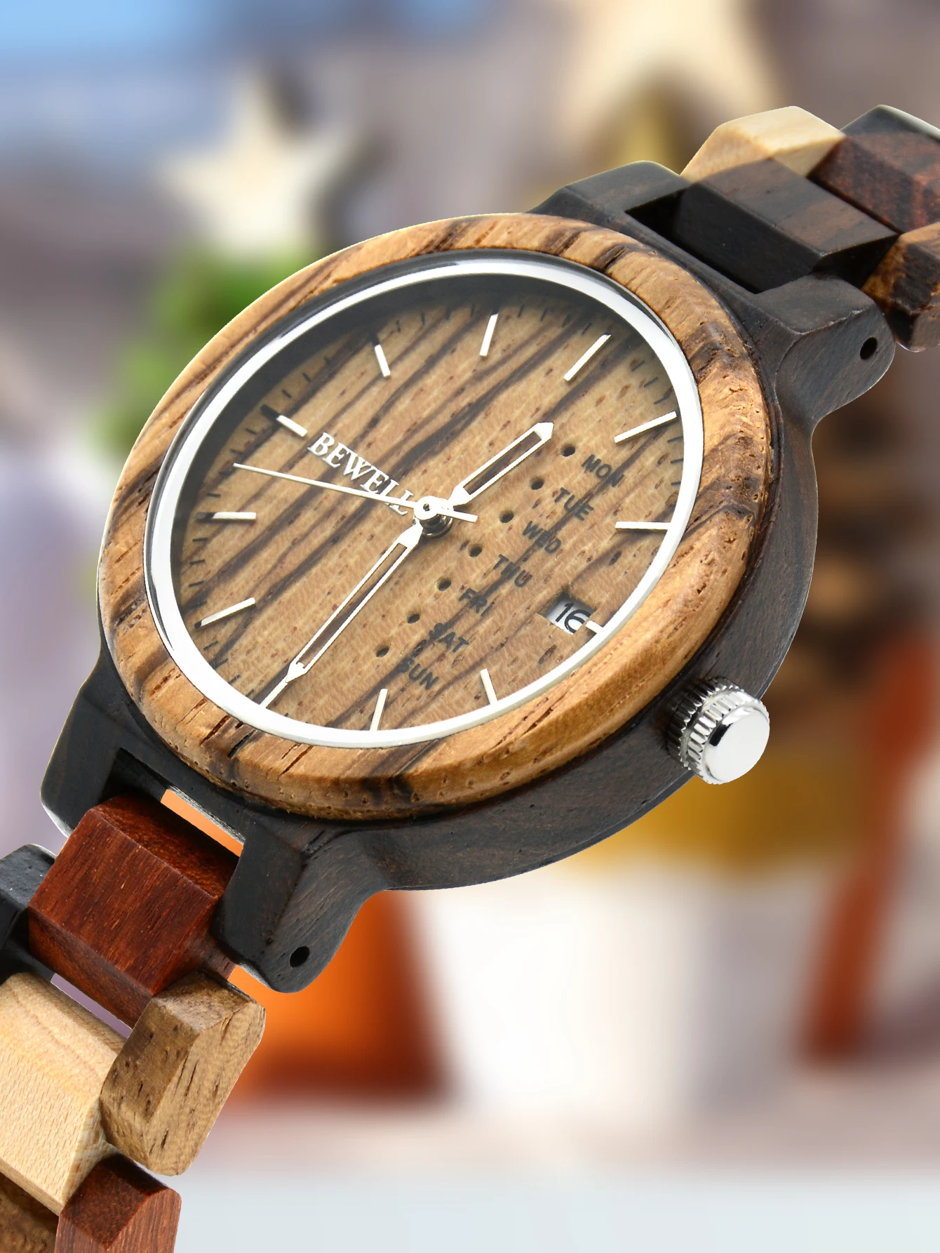 Week and Date Multi-Functional Display Men's Zebra Wooden Quartz Watch and Bracelet Set Lightweight Handmade Casual Wristwatches