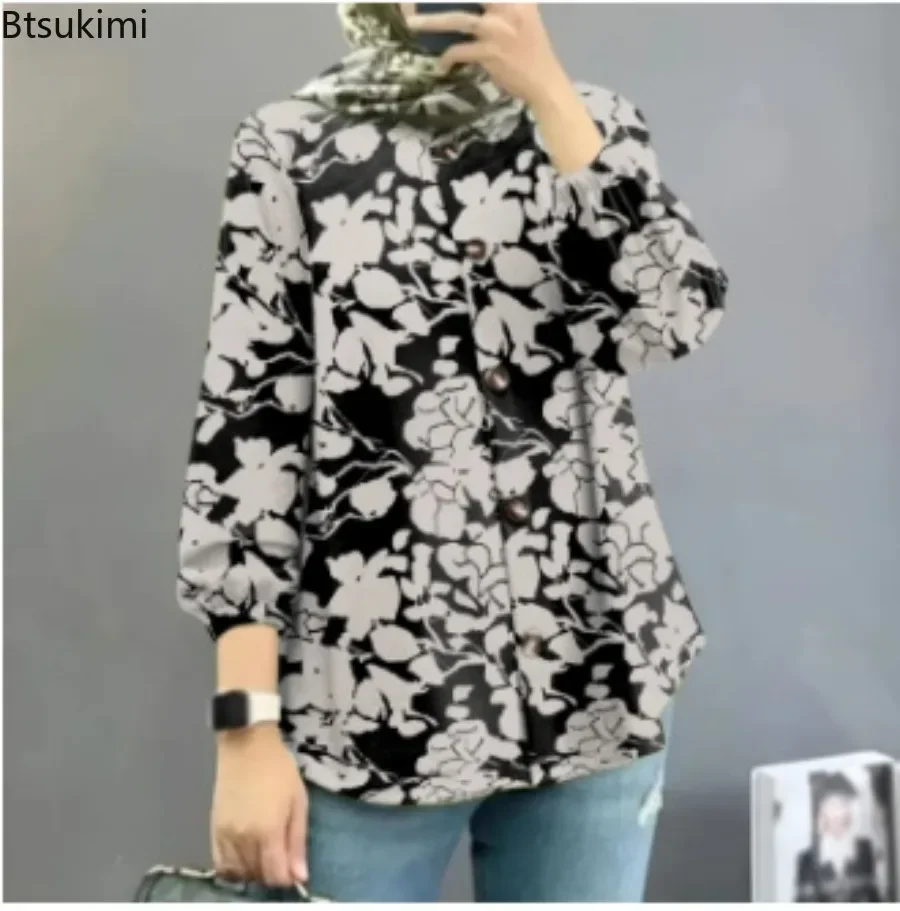 2025 Women Bohemian Blouse Vintage Floral Print Long Sleeve Lace-up Shirt Tops Casual Fashion Muslim Abaya Holiday Blusas Mujer