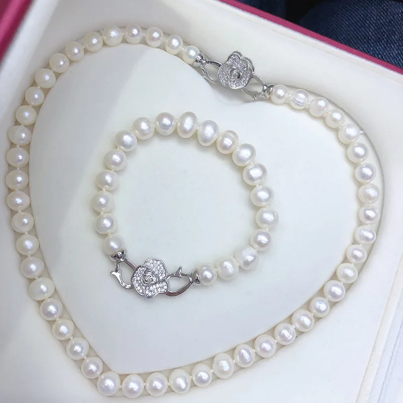 

Модное универсальное ожерелье с цветком камелии и пиона, пресноводный натуральный жемчуг, комплект браслетов, почти круглый, легкий дефект, видимый