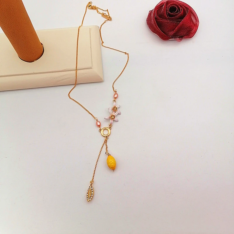 Fashion Rural Style Gold Plated Handpainted Enamel Lemon Fruit Leaf Tassels Pink Flower, Natural Pearl Y Shaped Chain Necklace