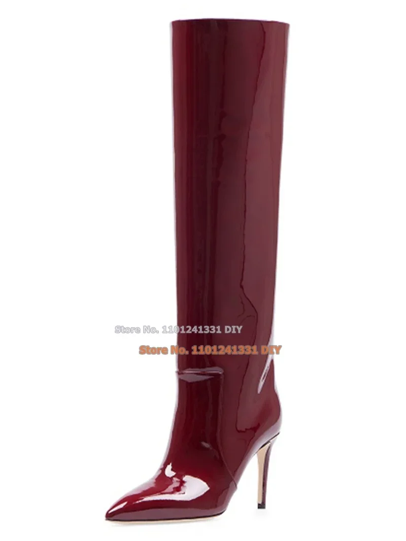 

Metallized Patent Leather Pointed Toes Knee High Boots Women Thin High Heels Stiletto Autumn Sping Long Bota