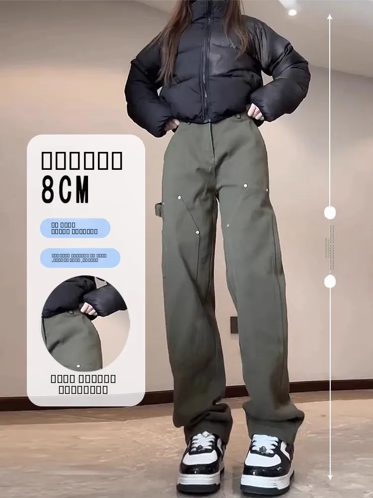 Pantalon cargo pour femme de style militaire rétro américain, printemps automne, jambe droite, effet allongeant les jambes