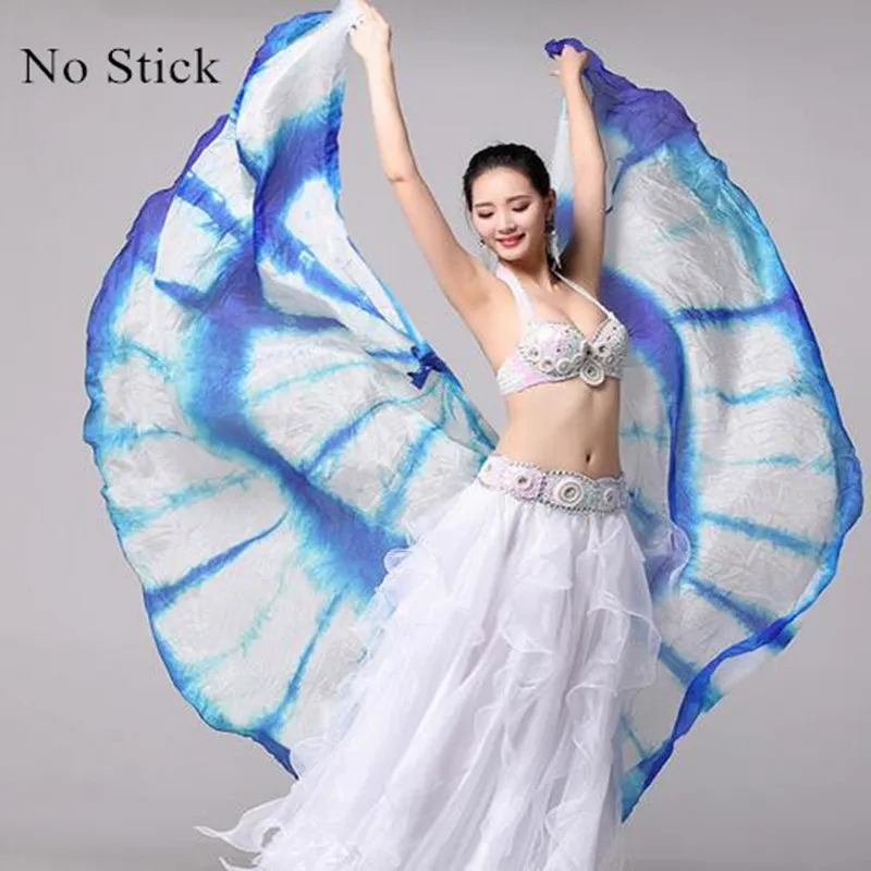 100% jedwabne jedwabne welony do tańca orientalnego Para Isis Wings With Stick No Stick Stage Performance Props Tie Dye Half Circle Photography