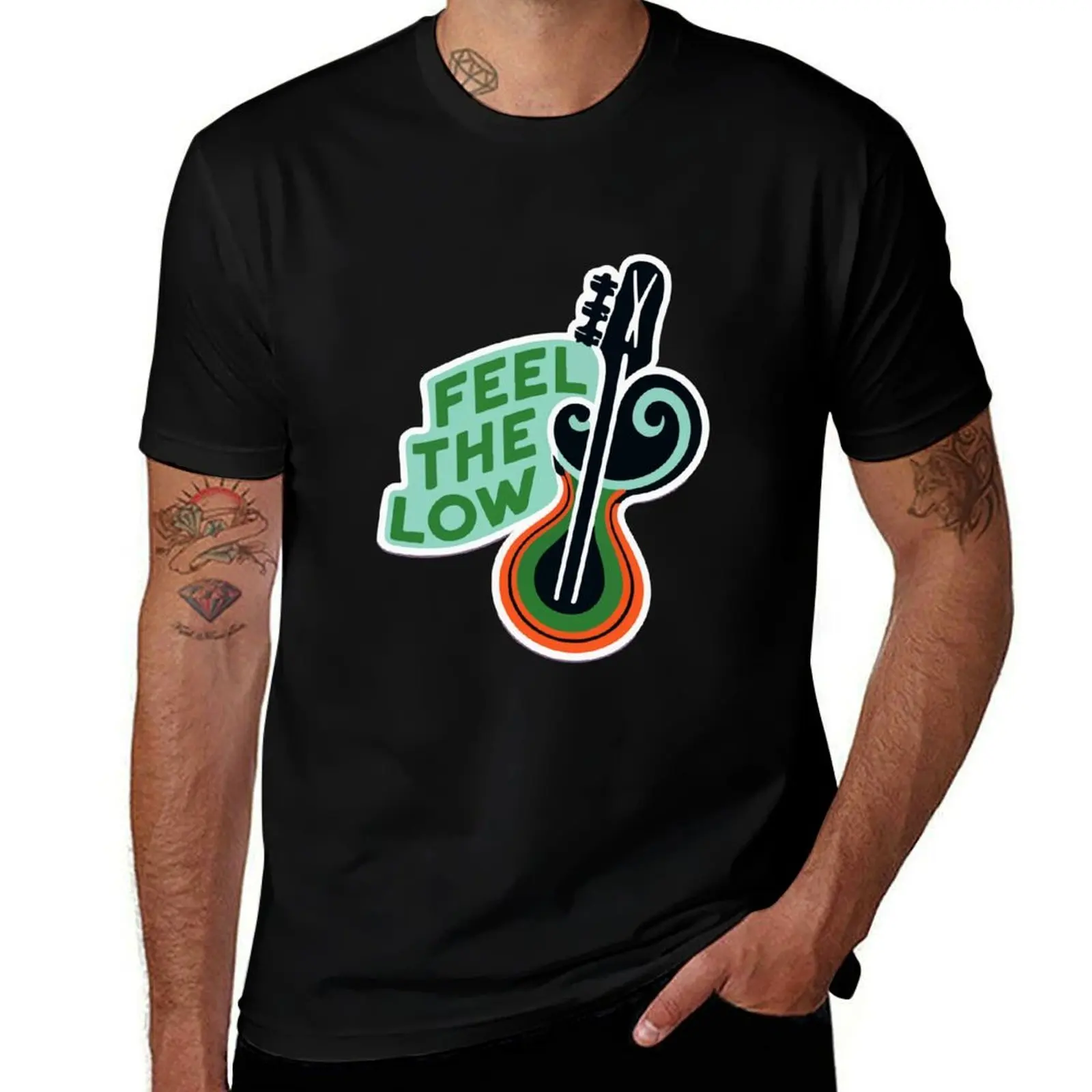 Abstract Bass Clef and Guitar 'Feel the Low' Artwork T-Shirt Breathable Mesh Panel T-Shirt