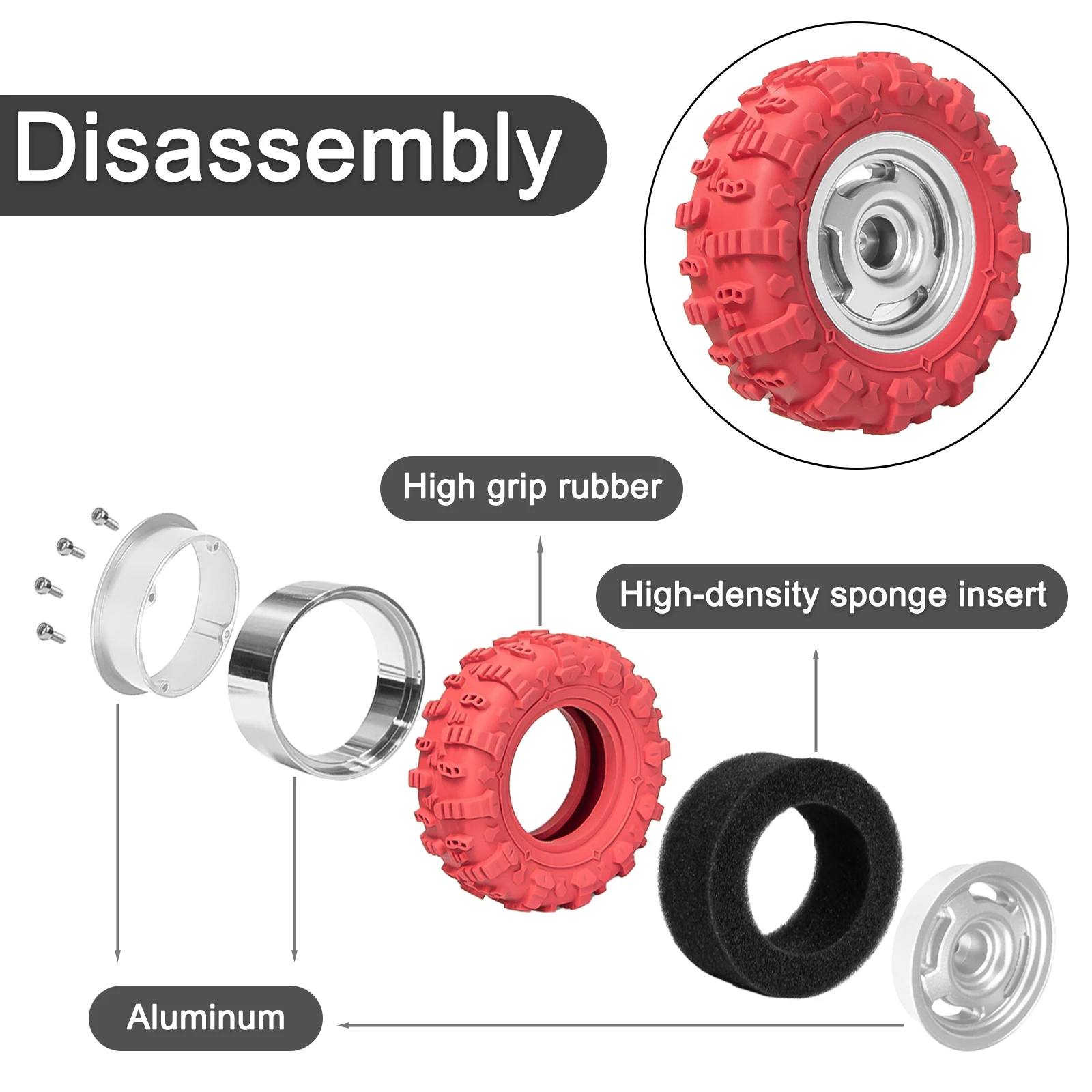 Conjunto de pneus com aro de metal Beadlock de 1,3 polegadas e roda de 1,45 polegadas atualizado para carros RC OKHL para carros RC Crawler 1/18 1/24 TRX4M SCX24 AX24 FCX24 Peças