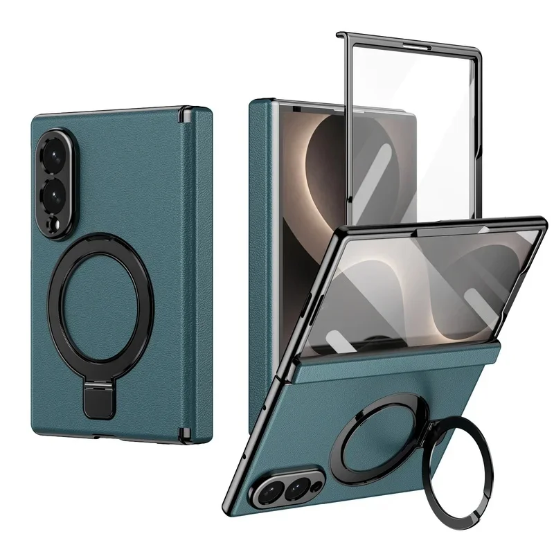 360 Rotating Ring Holder Protector For Samsung Galaxy Z Fold 8 wide 5G Z Fold 8 5G Real Leather Skin with Film Shell Back Cover