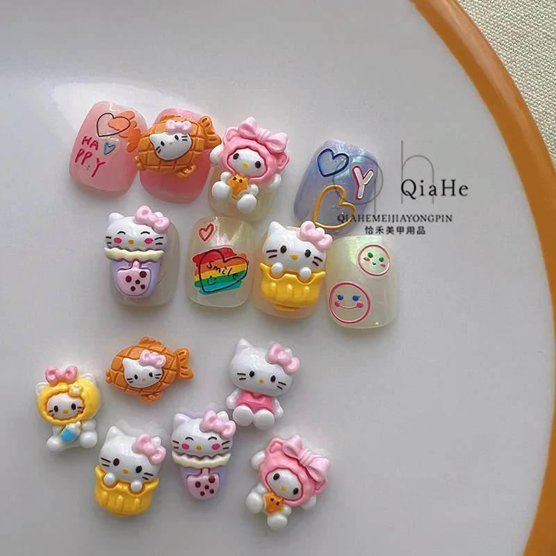 20Pcs Lovely KT Goldfish Ice Cream Hello Kitty Milk Bottle Resin DIY Nail Art Accessories