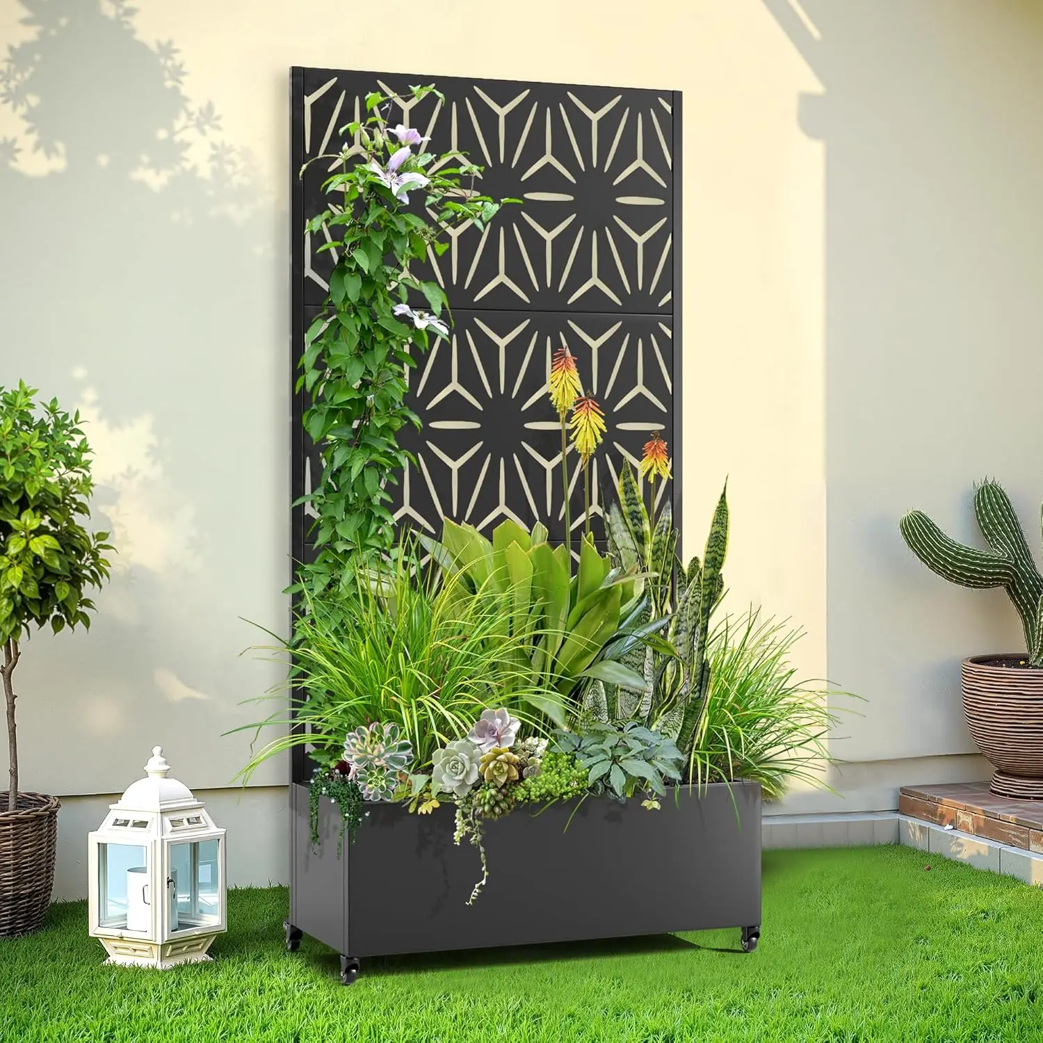 

Поднятая садовая кровать с решеткой и колесами, металлическая приподнятая садовая кровать 73 x 35 x 16 дюймов, металлический горшок с черной звездой и решеткой для восхождения