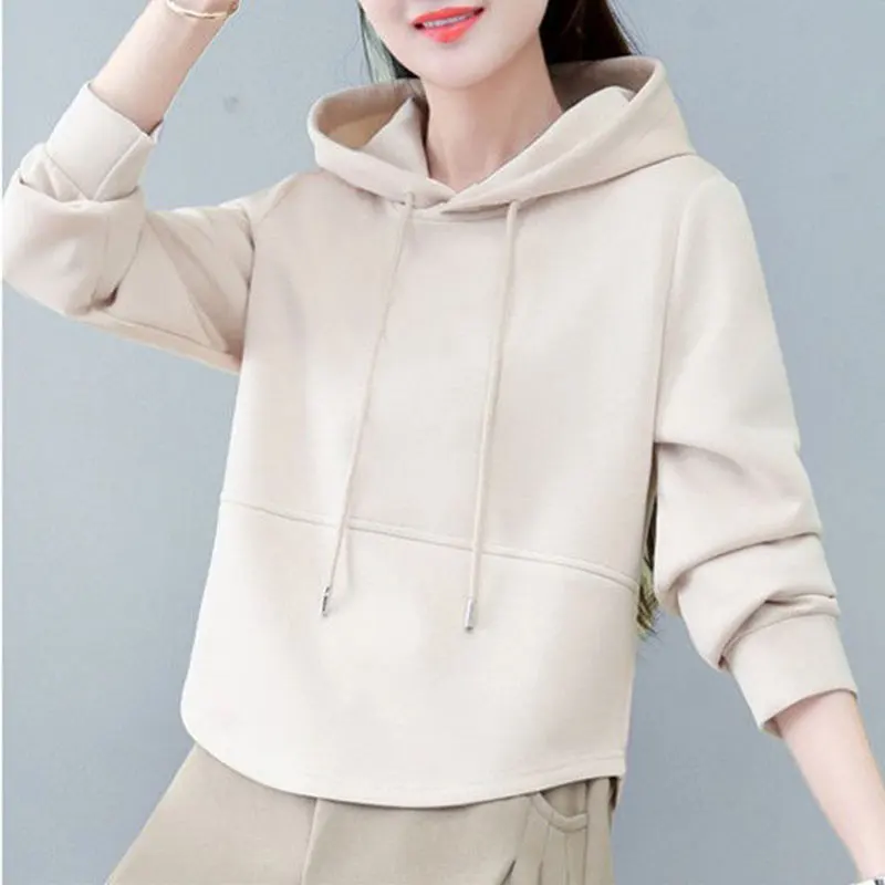 Women\'s Autumn Casual Simplicity Solid Color Long Sleeve Hoodies Women Clothes Fashion Loose All-match Elegant Temperament Tops