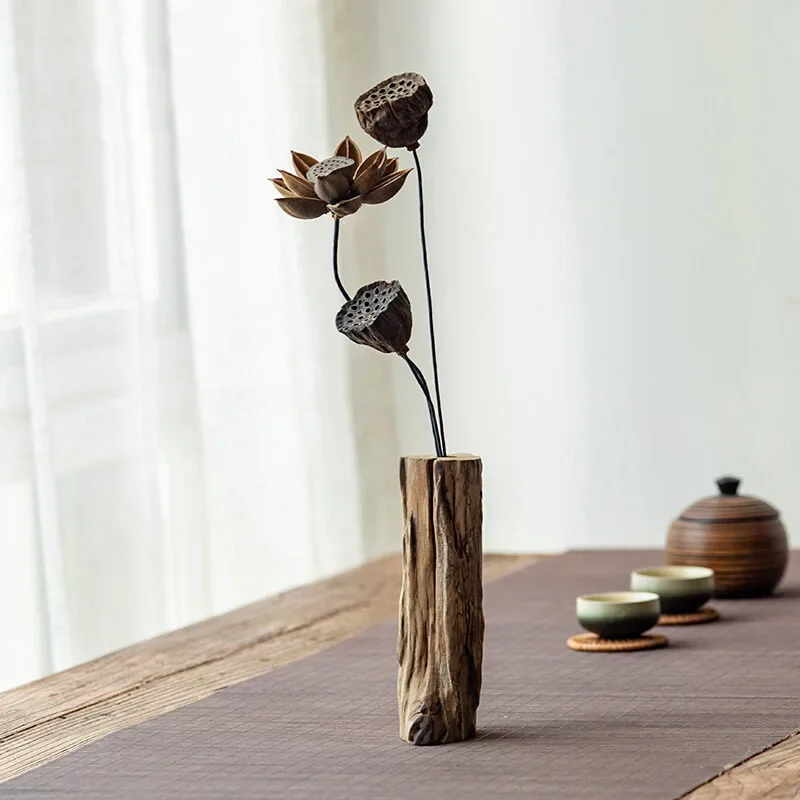 Chinese Retro Living Room Decoration Solid Wood Dried Flower Vase Home Decoration Coffee Table Flower Arrangement Accessories