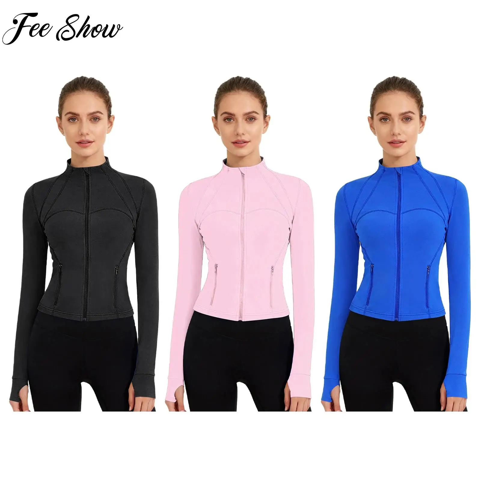 

Yoga Top Women Clothes Workout Jacket Long Sleeves Thumbholes Athletic Jacket Zipper Sweatshirt Outerwear with Zip-Up Pockets