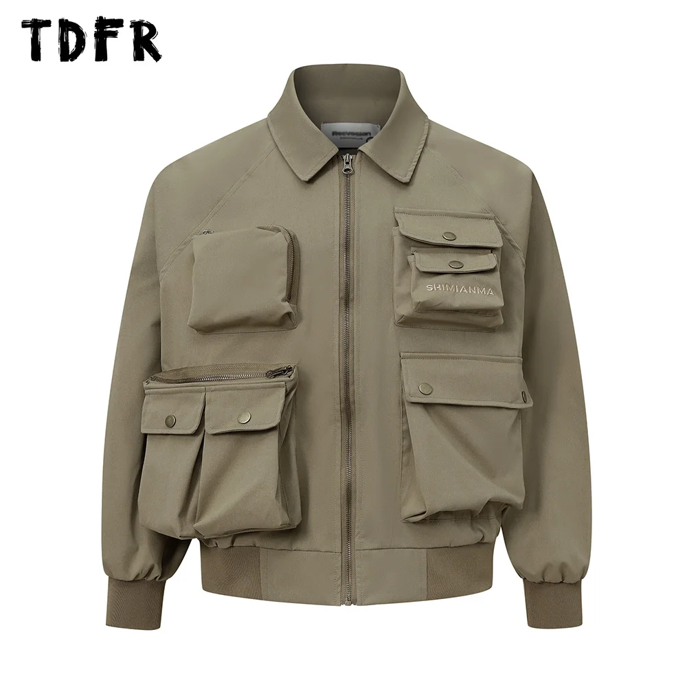 

Multi-Pocket Raglan Sleeve Jacket Mens Embroidery Solid Color Safari Style Lapel Loose Long Sleeve Cargo Outerwear Men