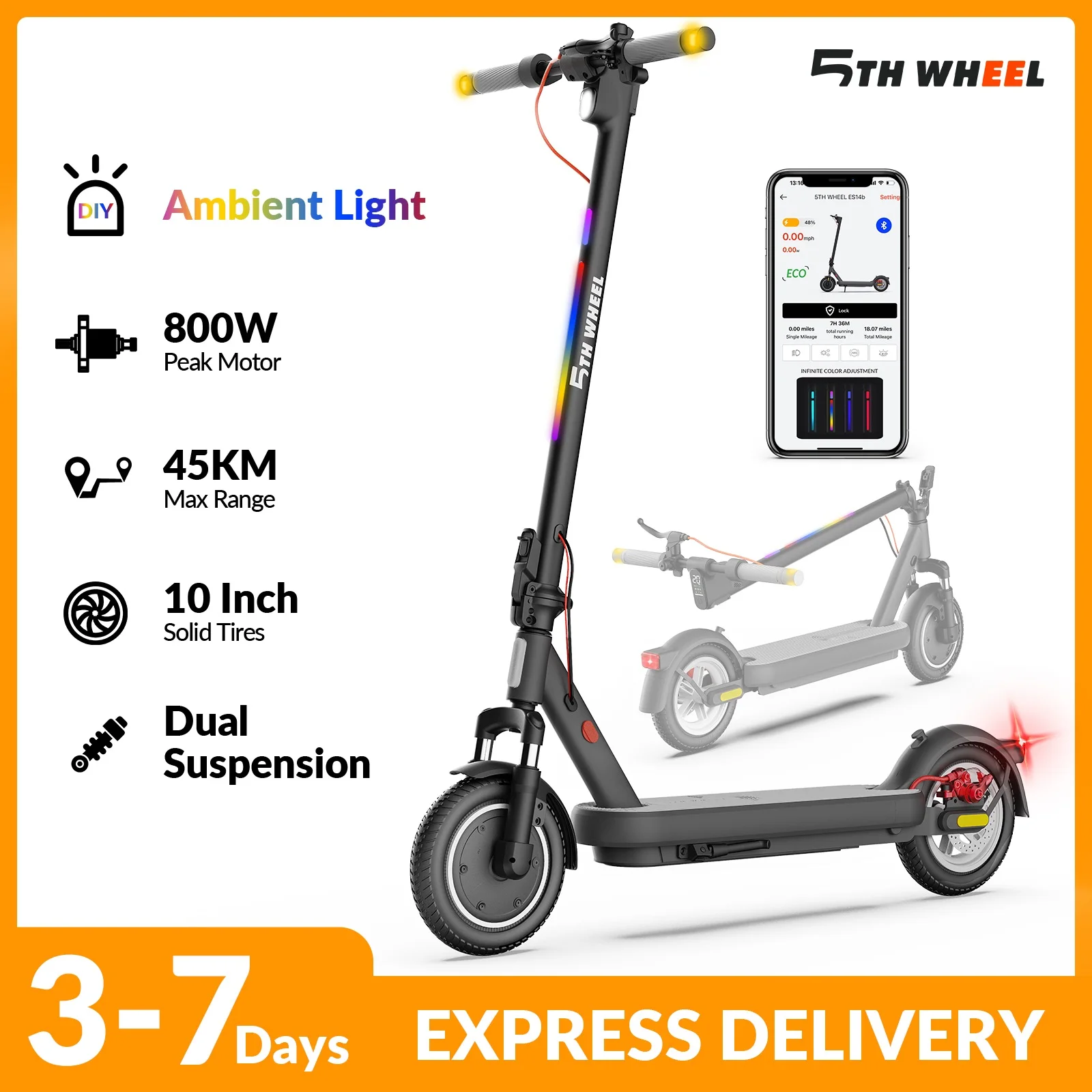 Trottinette Électrique 5TH WHEEL, Pneus Pleins 10", Puissance de Pointe 800W, 25 km/h, Autonomie 40-45 km, Clignotants, Système de Double Freinage, 46V 7.8AH