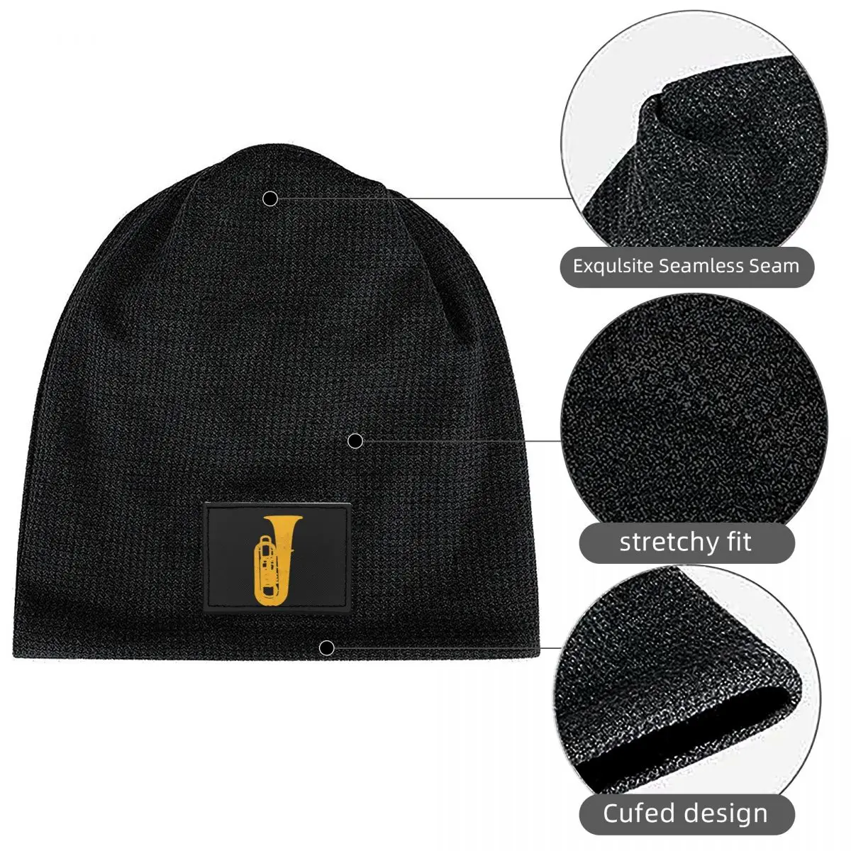 Tuba Waffle Knit Fleece Lined Beanie with PU Leather Patch Unisex Warm Winter Soft Cap