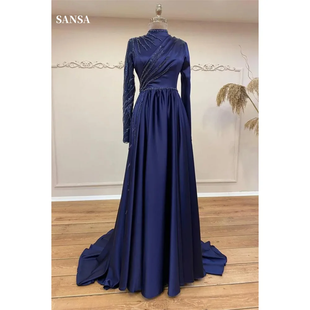 Sansa Modest O-neck Satin فساتين السهرة Lace Embroidery A-line Prom Dress Elegant Long Sleeves Floor-length Vestidos De Noche