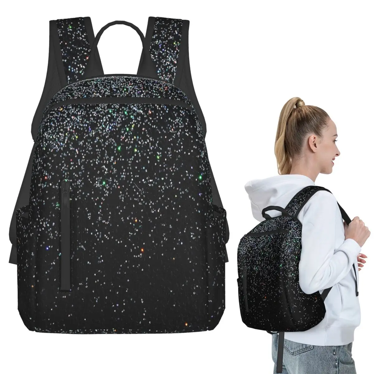 Black Silver Glitter Backpack Student BookBag Children School Bag Computer Shoulder Bags Men Women