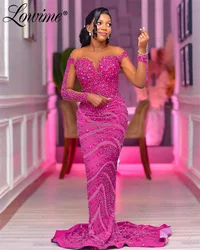 Hot Pink Women Party Second Reception Birthday Engagement Gowns Dresses Sheer Net Black Girl Prom Dress Long Train Evening Dress