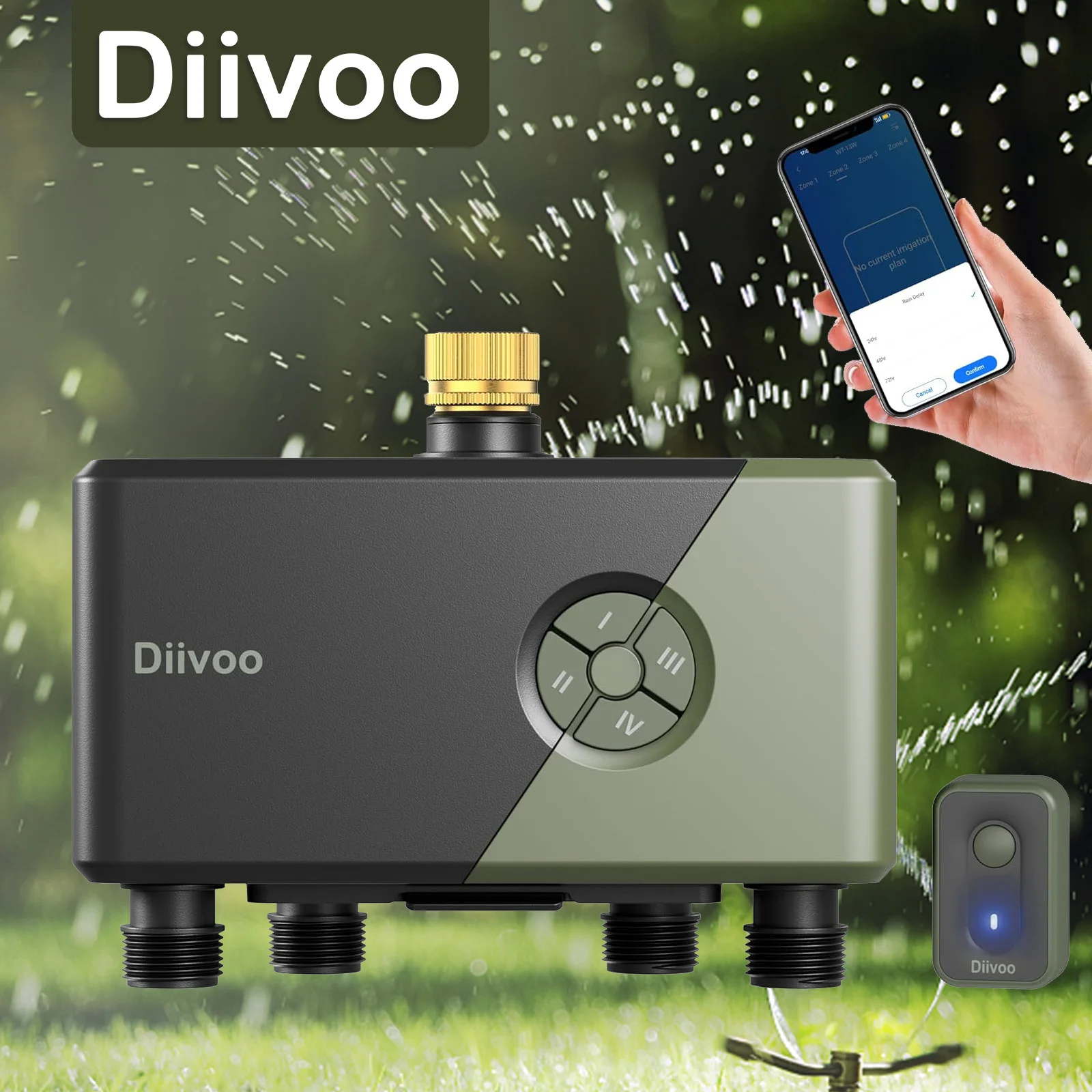 Minuteur d'arrosage WiFi Diivoo Garden 4 Zones, Contrôleur de Système d'Irrigation Automatique avec Retard de Pluie et Arrosage Manuel