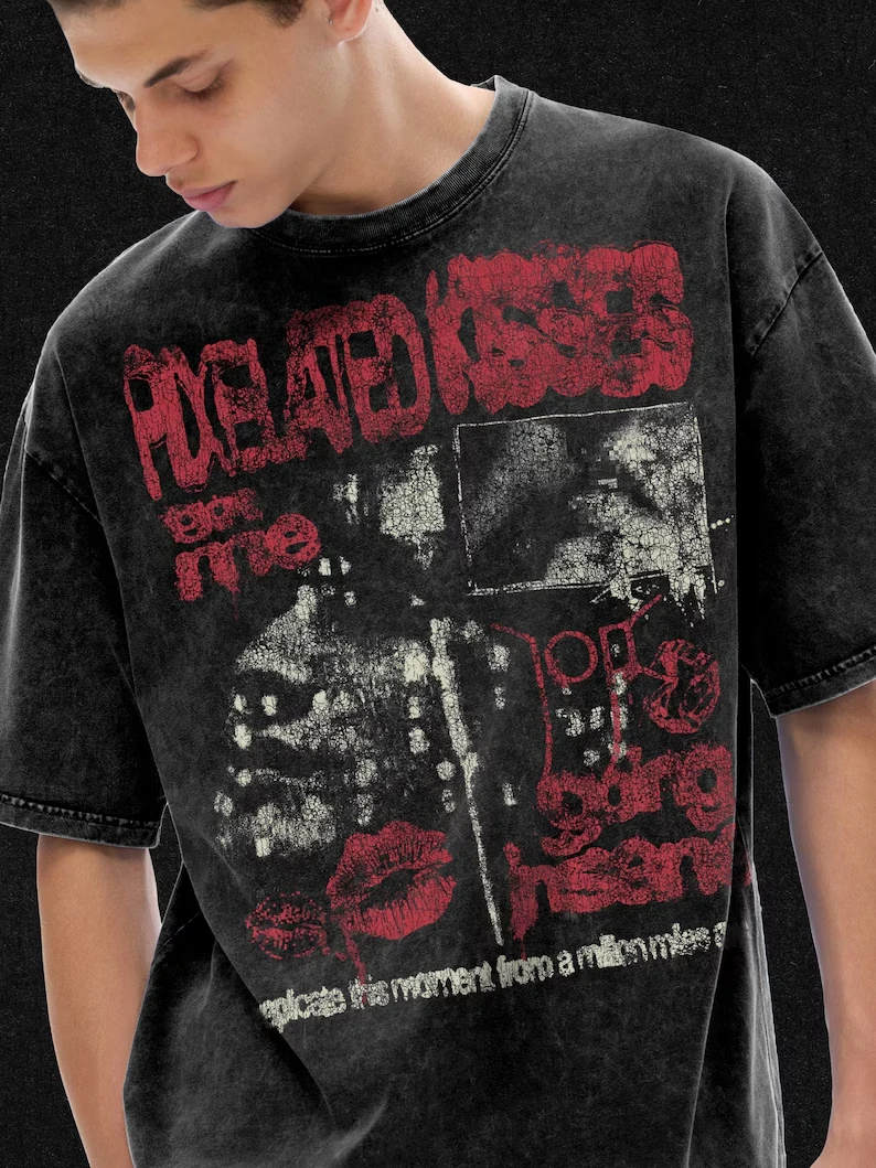 Piss in the Wind PIXELATED KISSES Inspired Washed Oversize T-shirt  Vintage Style Cotton T-shirt Men Women Harajuku Y2K Tee Tops