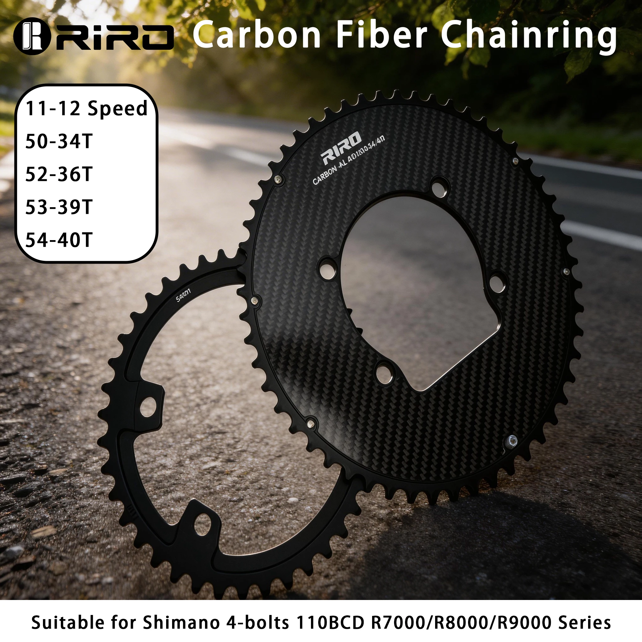 Plateaux de chaîne en fibre de carbone RIRO 10-12S super légers pour vélo de route 50-34/52-36/53-39/54-40T pour manivelle Shimano 4 boulons 110BCD