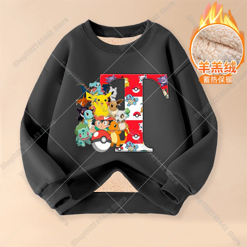Anime Pikachu Felpa invernale per bambini Lettera AZ Pokemons Tuta in pile addensata per ragazzo Ragazza Pullover caldo Abbigliamento sportivo per bambini