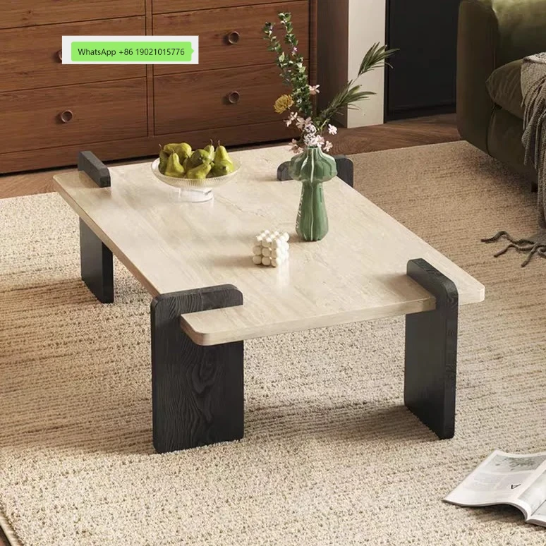 HJ wabi sand wind travertine coffee table living room home solid wood rectangular rock slab bed and breakfast coffee table