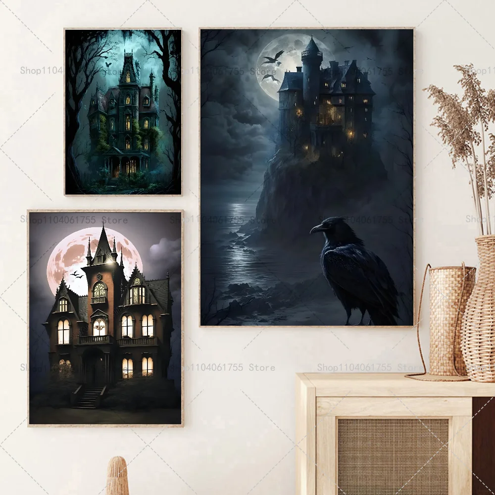 1PC Halloween Gothic Haunted House Poster Self-adhesive Art Waterproof Paper Sticker Coffee House Bar Room Wall Decor