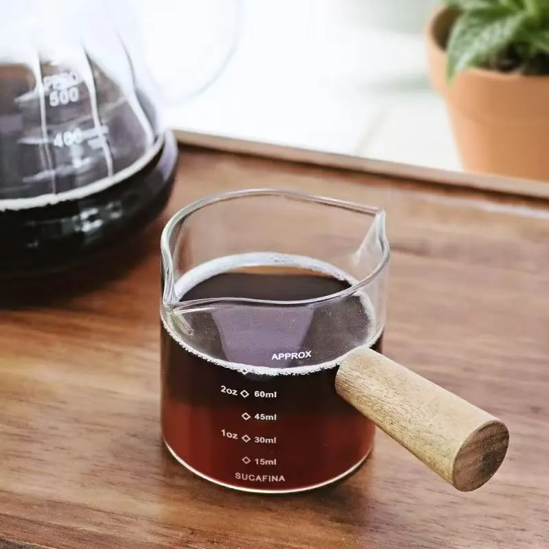 HTMCK 75ML Reusable Hand-Brew Coffee Machine with Wooden Handle Dual Opening Glass Coffee Measuring Cup Precise Scale