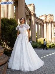 Robe de Mariée Romantique à Col Haut et Manches Bouffantes, Tenue de Bal Élégante avec des Appliques de Perles, pour les Patients