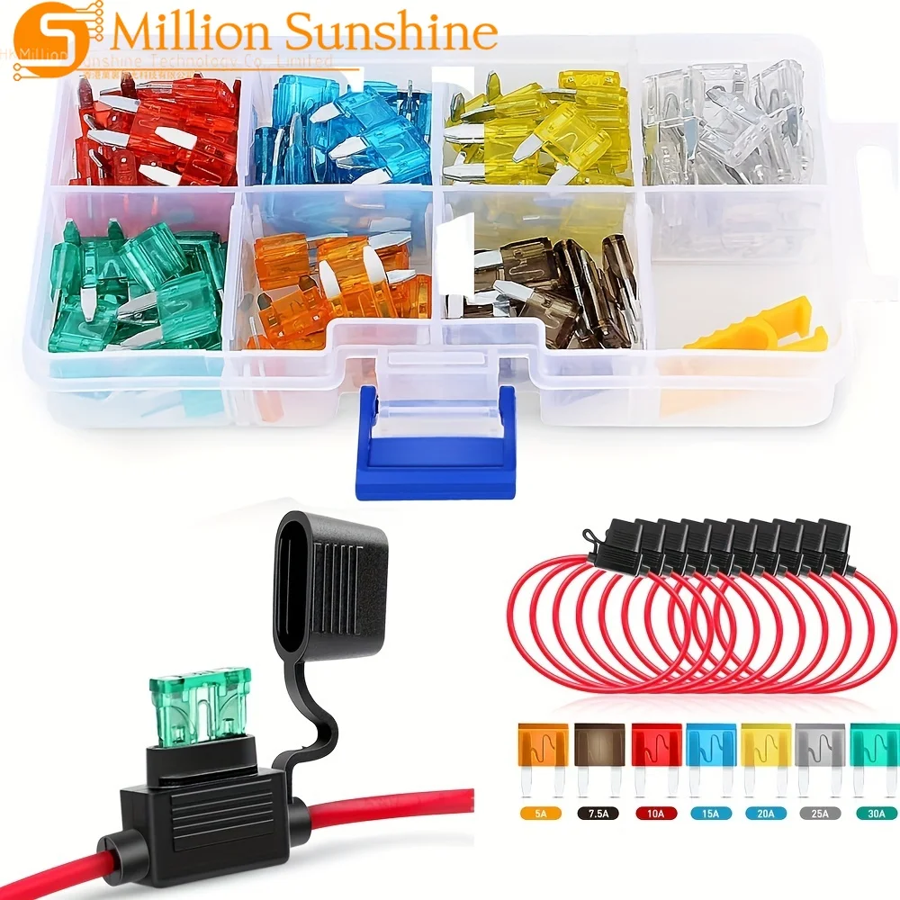 120PCS ATM/APM Blade Fuse 5A/7.5A/10A/15A/20A/25A/30A AMP Assorted  Set with 10 Pack 14AWG ATC/ATO In line Fuse Holder
