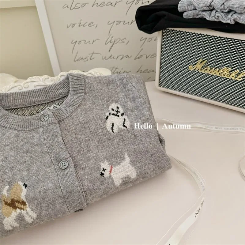 Ins Autumn 2024 Children Girls Sweater Cotton Knitted Cartoon Dog Long Sleeve Toddler Girls Coat Kids Baby Girls Knitwears