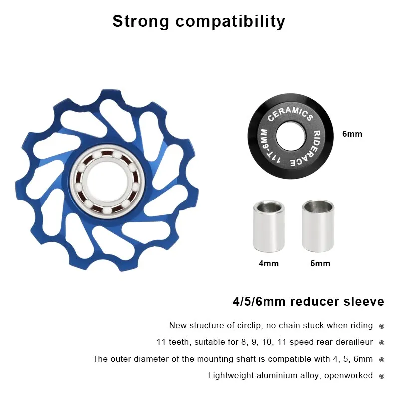 RIDERACE Bicycle Ceramic Rear Derailleur Pulley Wheel AL7075 11T Guide Bearing Jockey Pulley For Road Bike 4mm 5mm 6mm MTB Part