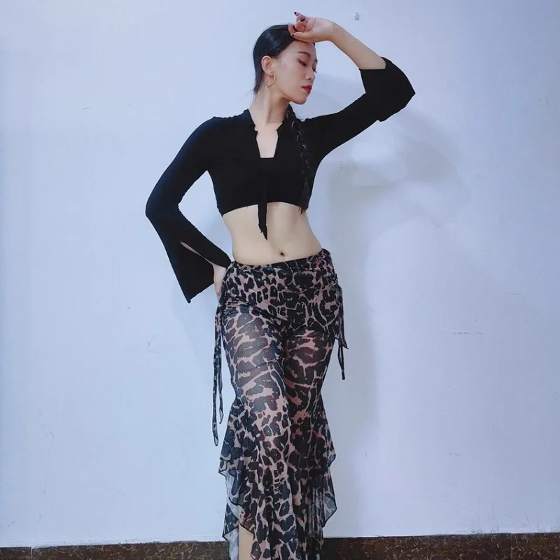 Customized Swegal Belly Dance Practice Dress Modal Split Sleeve Top Black Rice Leopard Pattern Small Apron Mesh Pants Look Thin