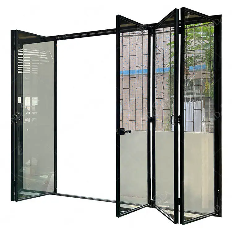 

Household Narrow Aluminum Frame Manual Folding Door Double layer glass soundproof stacking doors Windproof fold up doors
