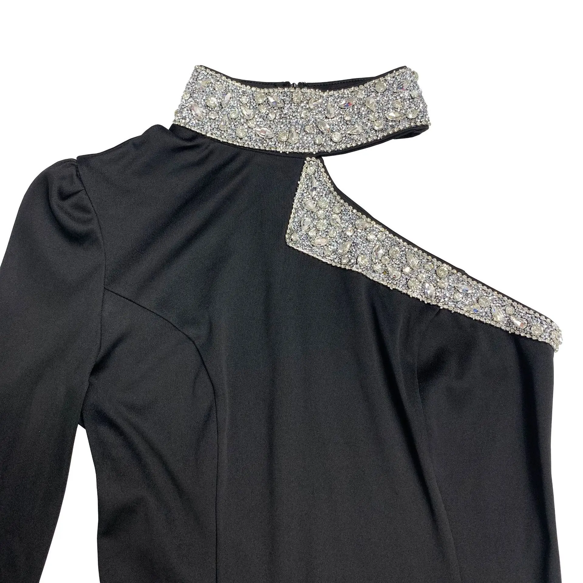 C7268 فساتين أنيقة طويلة نحيفة للنساء فستان سهرة بأكمام طويلة وفتحة عالية من حجر الراين