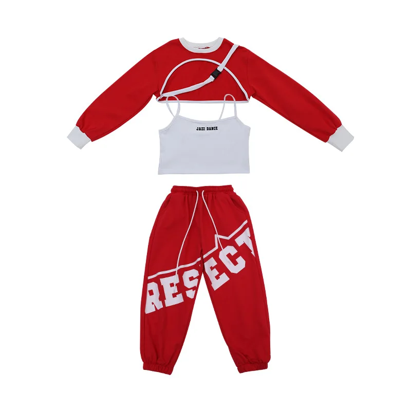 어린이 스트리트 댄스 힙합 세트, 긴 소매 재즈 댄스 의상, 소녀들의 멋진 댄스 레드 공연 의상