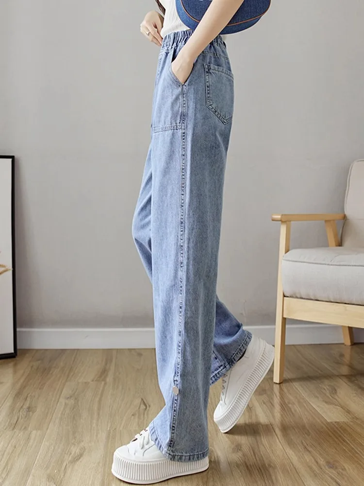 High Waist Straight Leg Thin Denim Jeans Wide Leg Elastic Waist High Waist Summer Autumn New Style Junior High School Students