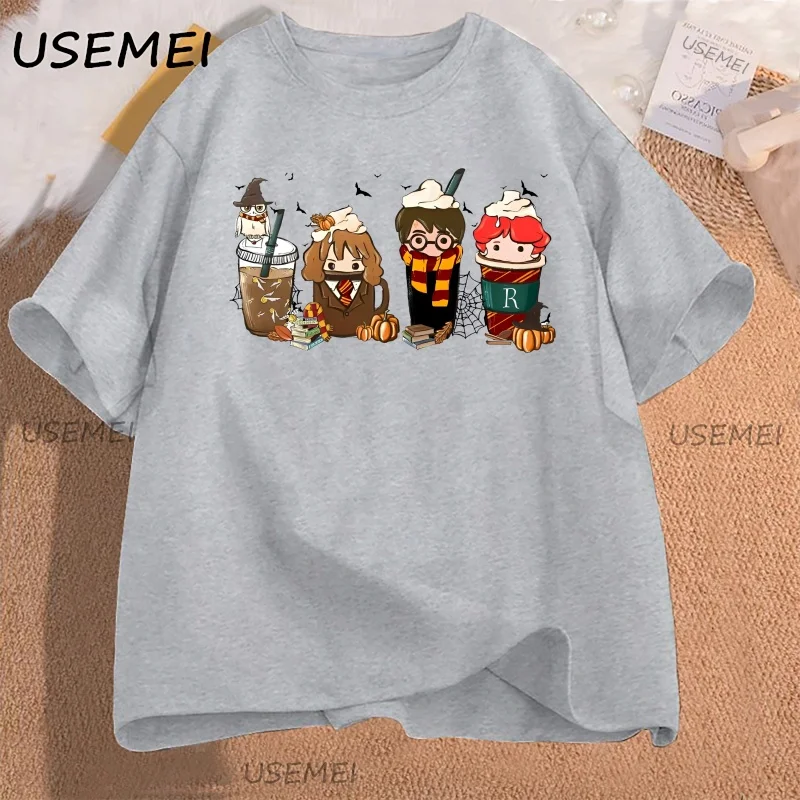 Cute Coffee Characters T-Shirt Women Men Aesthetic Tee Pumpkin Fall T Shirt Cotton Short Sleeve  Aesthetic High Quality Tees